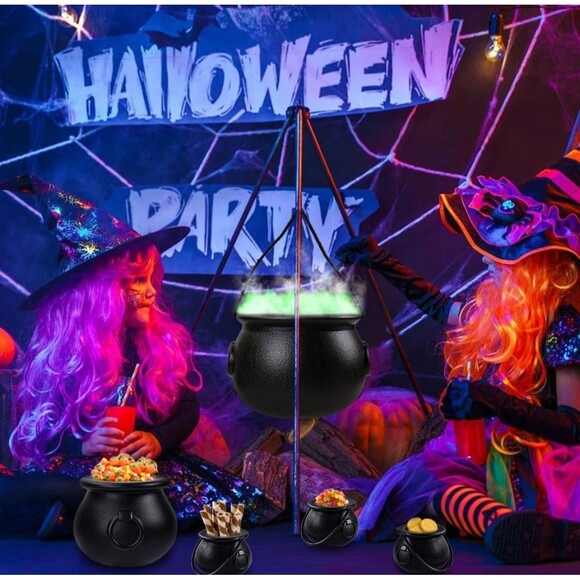 GloCamping 5ct Halloween Plastic Black Cauldrons With Rope Handles Large-Small - Picture 7 of 9